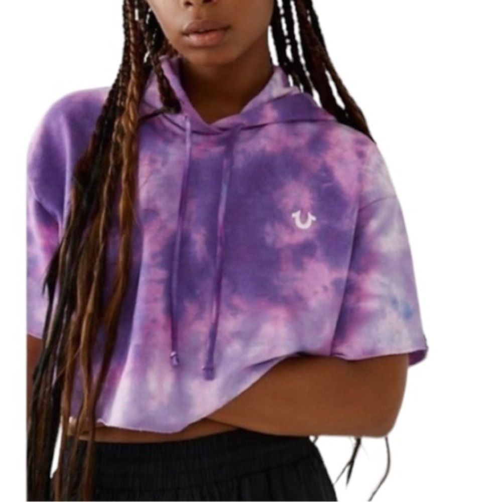 True Religion Cropped Tie Dye Watercolor Hooded Sweatshirt  Pullover Sz XS